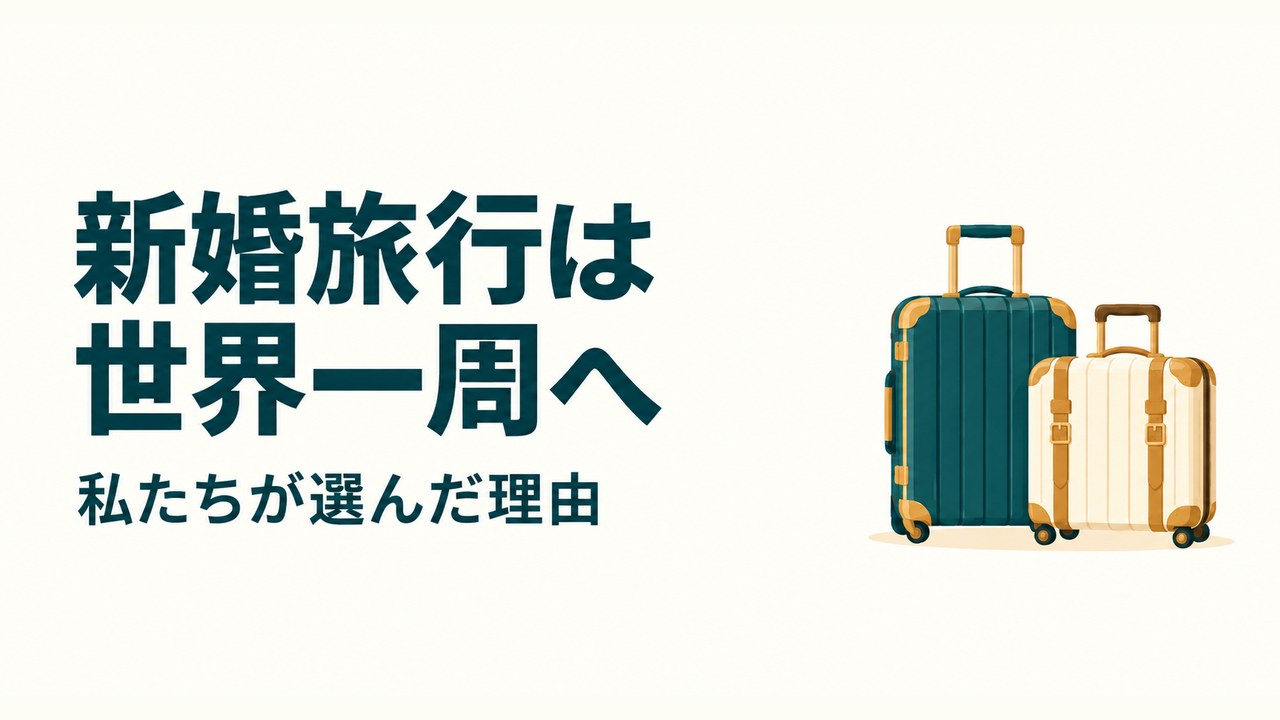 2つのスーツケースのイラストと「新婚旅行は世界一周へ 私たちが選んだ理由」の文字