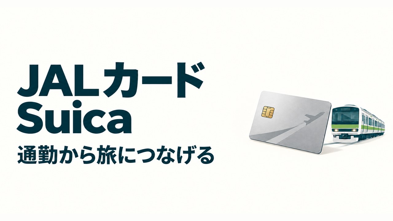 クレジットカードと通勤電車のイラストと「JALカードSuica 通勤から旅につなげる」の文字