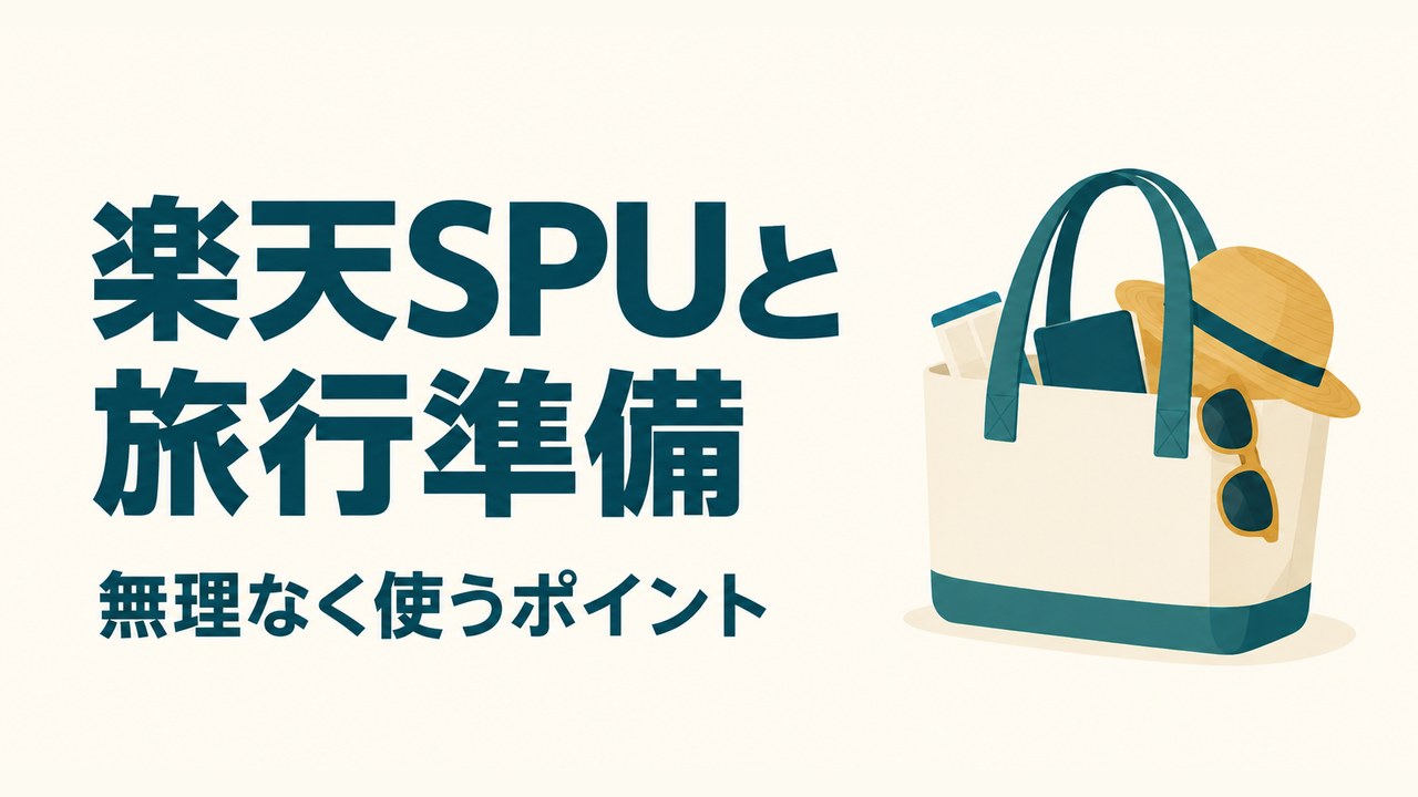 旅行用のトートバッグと帽子のイラストと「楽天SPUと旅行準備 無理なく使うポイント」の文字