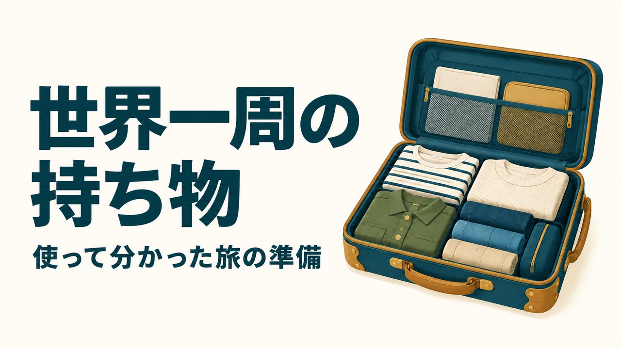 衣類を詰めたスーツケースのイラストと「世界一周の持ち物 使って分かった旅の準備」の文字