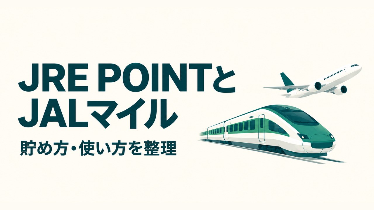 飛行機と電車のイラストと「JRE POINTとJALマイル 貯め方・使い方を整理」の文字