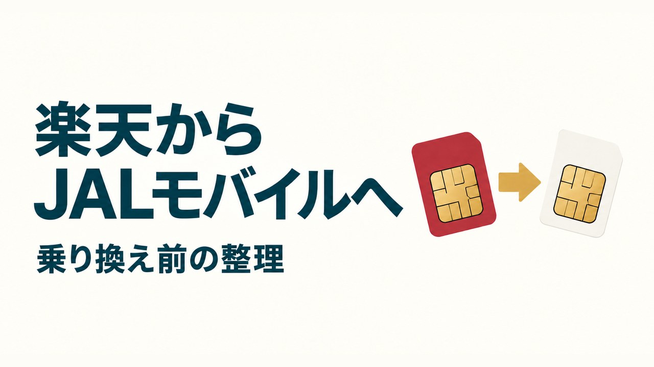 2枚のSIMカードと矢印のイラストと「楽天からJALモバイルへ 乗り換え前の整理」の文字